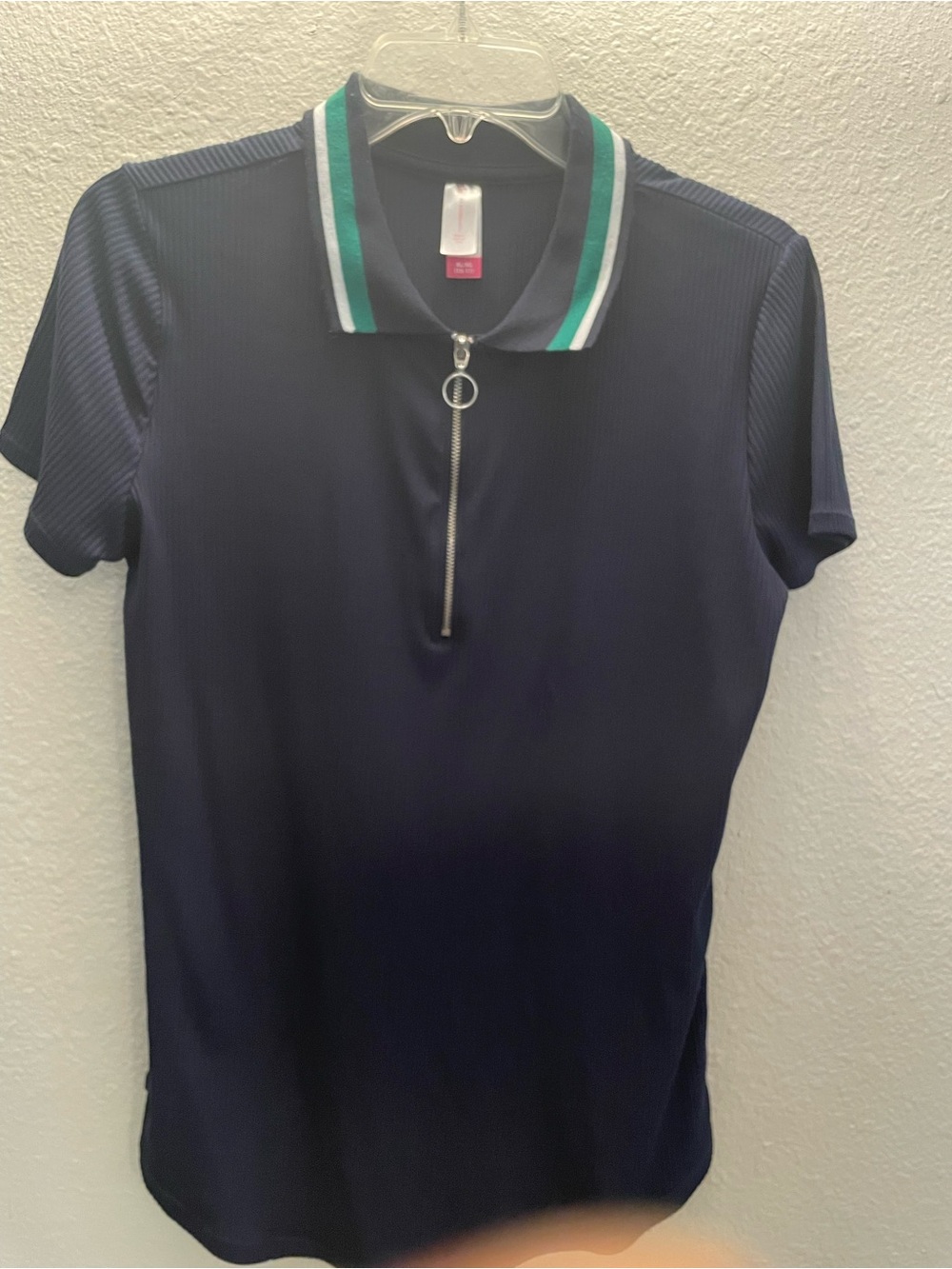 Women's Navy Zip Polo Top with Striped Collar